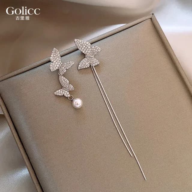 【Golicc】耳環 不對稱 蝴蝶 流蘇 鋯石(七夕 情人節 生日 飾品 耳釘 耳飾 耳墜 禮物)