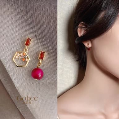 【Golicc】耳環 紅豆 不對稱(七夕 情人節 生日 飾品 耳釘 耳飾 耳墜 禮物)