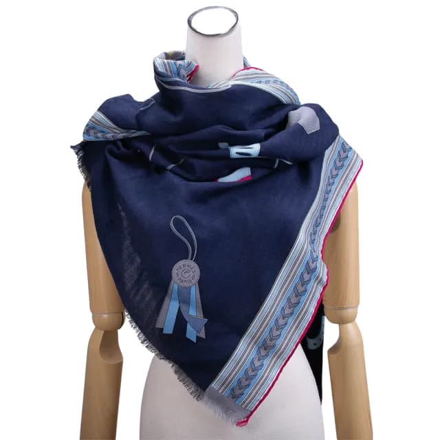 【Hermes 愛馬仕】Et Gris Gris 小馬圖騰手工捲邊圍巾(海軍藍/天空藍)
