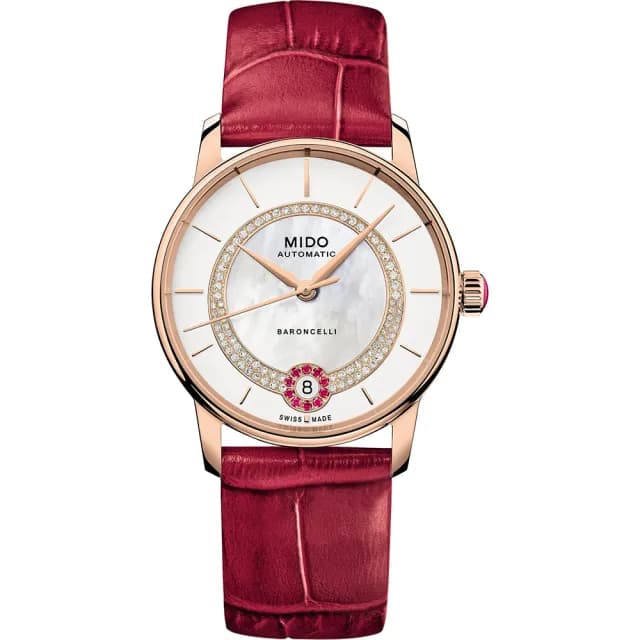 【MIDO 美度】官方授權 BARONCELLI 永恆真鑽紅寶石機械女錶-33mm 手錶 禮物 推薦(M0378073603101)