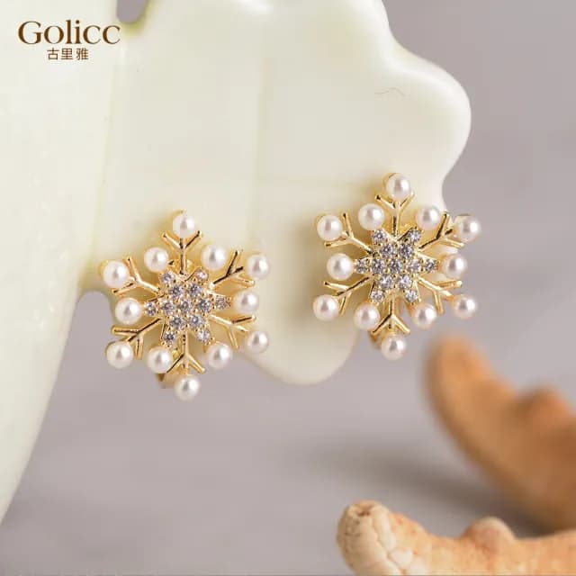 【Golicc】耳環 雪花 珍珠(99購物限定 生日 飾品 耳釘 耳飾 耳墜 禮物)