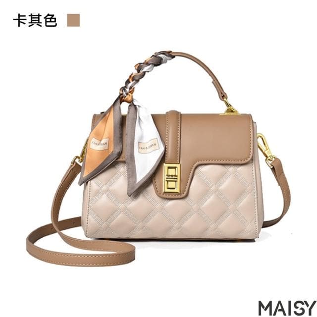 【MAISY】母親節禮物 古典女士柔美絲巾單肩手提包(現+預  黑色／米色／卡其色)