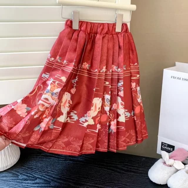 【橘魔法】毛毛背心舞龍舞獅馬面裙漢服套裝(3件式 裙子 過年 新年 拜年 唐裝 古裝 攝影 女童 兒童 童裝)