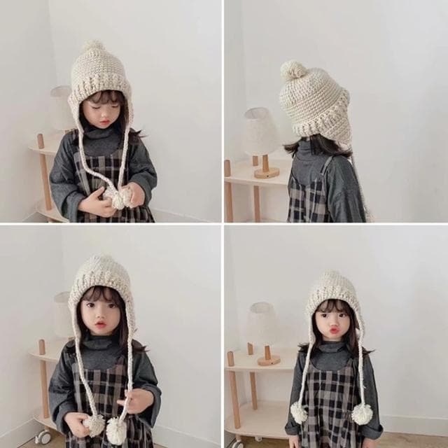 【橘魔法】厚款粗針織毛球辮子防風綁繩毛帽(帽子 針織帽 護耳帽 寒流 保暖 男童 女童 大紅 童裝  交換禮物)