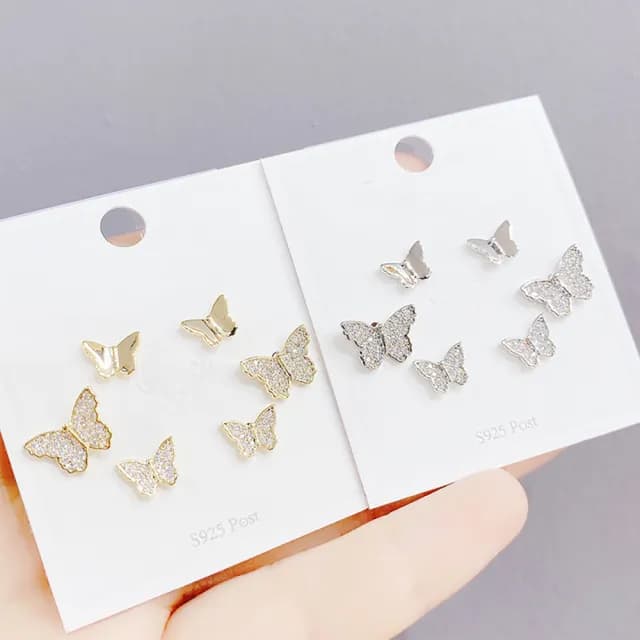 【Umi】一卡3對925純銀針微鑲鋯石蝴蝶翩翩飛舞造型耳環(日韓時尚潮流耳飾耳針耳墜耳釘)