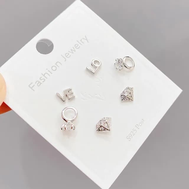 【Umi】一卡3對925純銀針微鑲鋯石LOVE字母單鑽戒指鑽石造型耳環(日韓時尚潮流耳飾耳針耳墜耳釘)