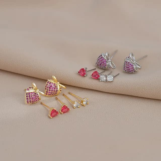 【Umi】一卡3對925純銀針微鑲鋯石粉紅蝴蝶結紅色愛心心形造型耳環(日韓時尚潮流耳飾耳針耳墜耳釘)