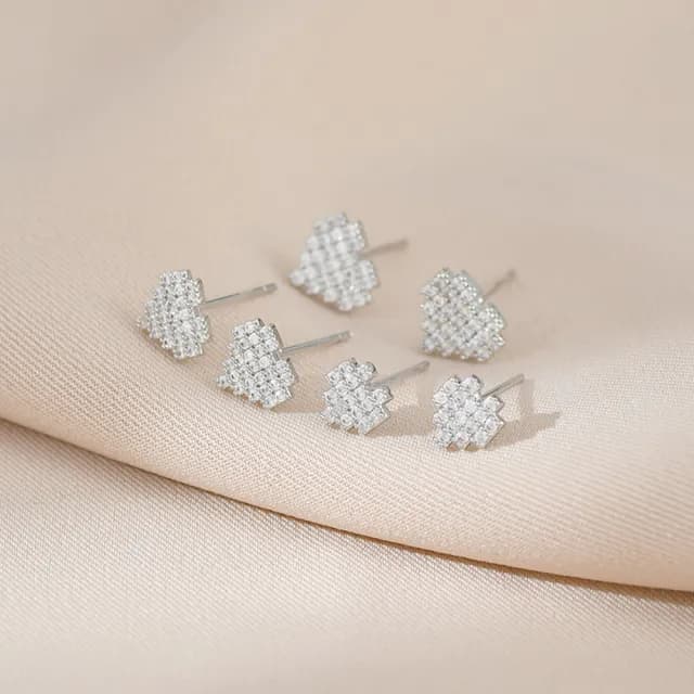 【Umi】一卡3對925純銀針微鑲鋯石愛心心形造型耳環(日韓時尚潮流耳飾耳針耳墜耳釘)