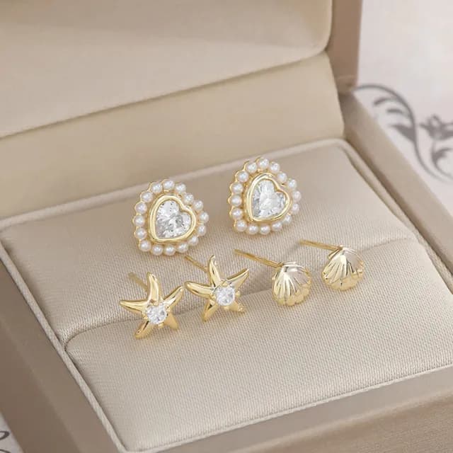 【Umi】一卡3對925純銀針微鑲鋯石巴洛克珍珠貝殼海星單鑽愛心心形造型耳環(日韓時尚潮流耳飾耳針耳墜耳釘)