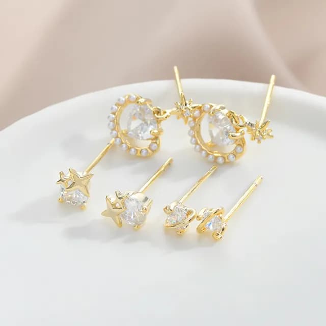 【Umi】一卡3對925純銀針微鑲鋯石星星星球星芒造型耳環(日韓時尚潮流耳飾耳針耳墜耳釘)