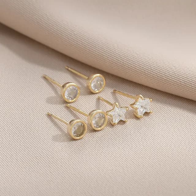 【Umi】一卡3對925純銀針微鑲鋯石星星星芒圓形單鑽造型耳環(日韓時尚潮流耳飾耳針耳墜耳釘)