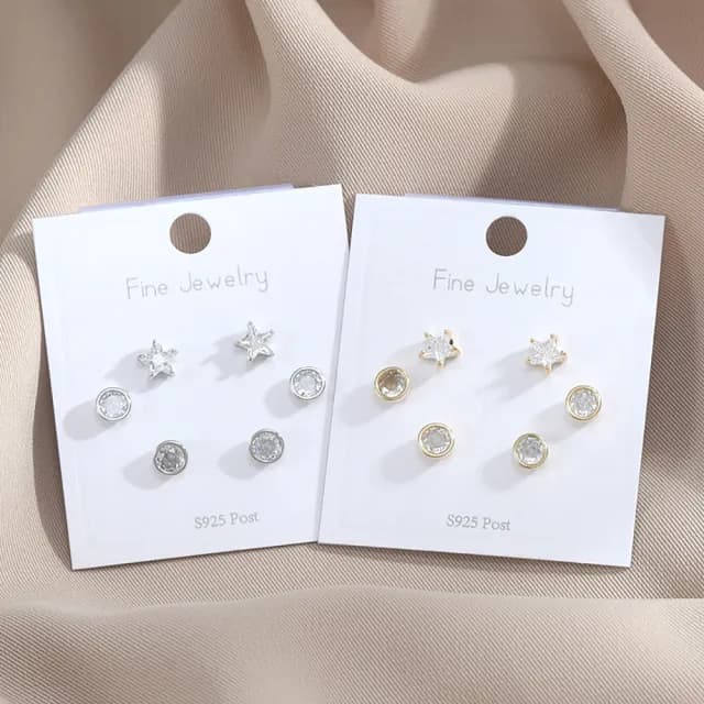 【Umi】一卡3對925純銀針微鑲鋯石星星星芒圓形單鑽造型耳環(日韓時尚潮流耳飾耳針耳墜耳釘)
