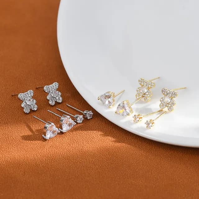 【Umi】一卡3對925純銀針微鑲鋯石可愛小熊愛心心形圓形單鑽造型耳環(日韓時尚潮流耳飾耳針耳墜耳釘)