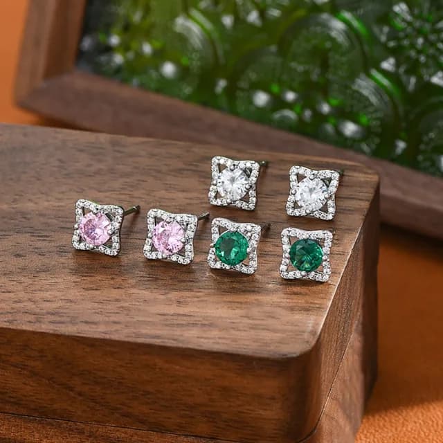 【Umi】一卡3對925純銀針微鑲粉紅綠彩色鋯石四芒星圓形單鑽造型耳環(日韓時尚潮流耳飾耳針耳墜)