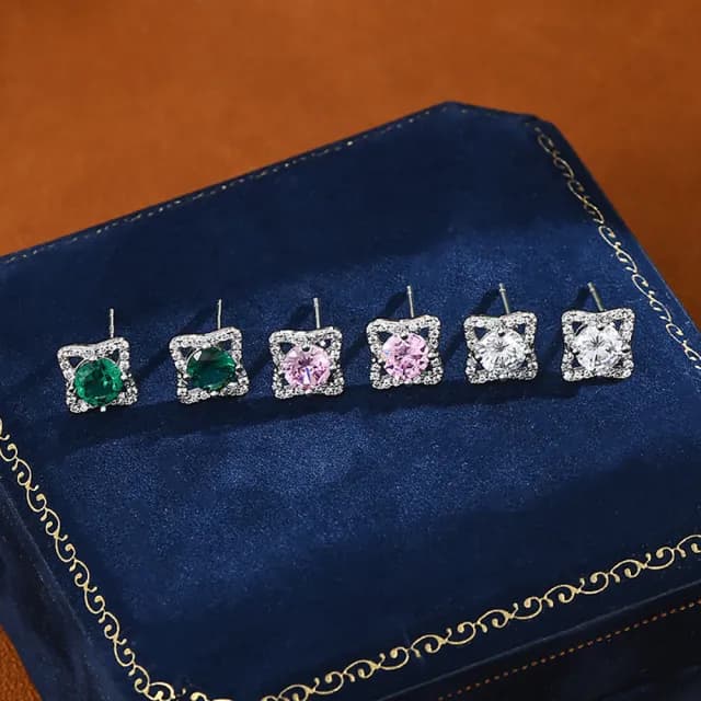 【Umi】一卡3對925純銀針微鑲粉紅綠彩色鋯石四芒星圓形單鑽造型耳環(日韓時尚潮流耳飾耳針耳墜)