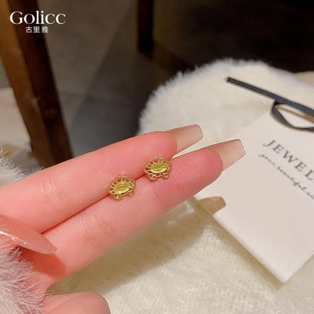 【Golicc】耳環 小巧 如意鎖 貓眼石(母親節 生日 情人節 飾品 耳釘 耳飾 耳墜 禮物)