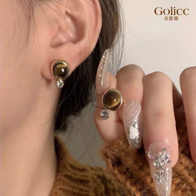【Golicc】耳環 法式 美拉德 幾何 鑲鑽(七夕 情人節 生日 飾品 耳釘 耳飾 耳墜 禮物)