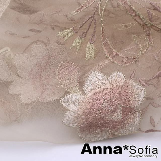 【AnnaSofia】真絲羊毛混紡大尺寸披肩絲巾圍巾-富貴繡花 現貨(杏駝系)