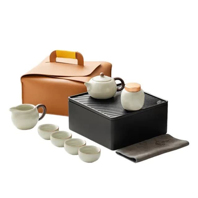 【Life shop】米黃汝窯旅行茶具套組/附皮革收納包(交換禮物 茶具 旅行茶具 泡茶 簡易泡茶 茶器套組)