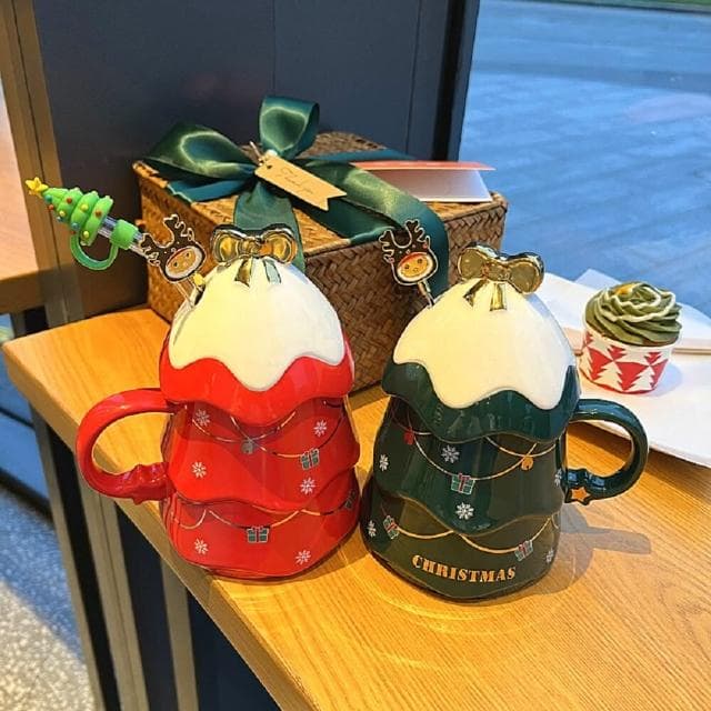 【TWBUY 台灣好購】聖誕樹陶瓷杯(交換禮物 聖誕樹馬克杯 附蓋子攪拌棒 聖誕咖啡杯 彩盒包裝)