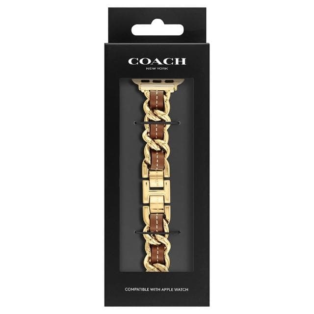 【COACH】Apple Watch 錶帶 38/41mm 適用 鍊帶結合皮錶帶 - 金x咖 母親節 送禮 禮物(不含手錶)