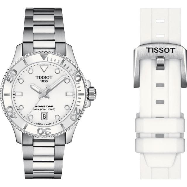 【TISSOT 天梭 官方授權】Seastar 1000 海洋之星300米潛水女錶 搭贈白色矽膠帶 母親節(T1202101101100)