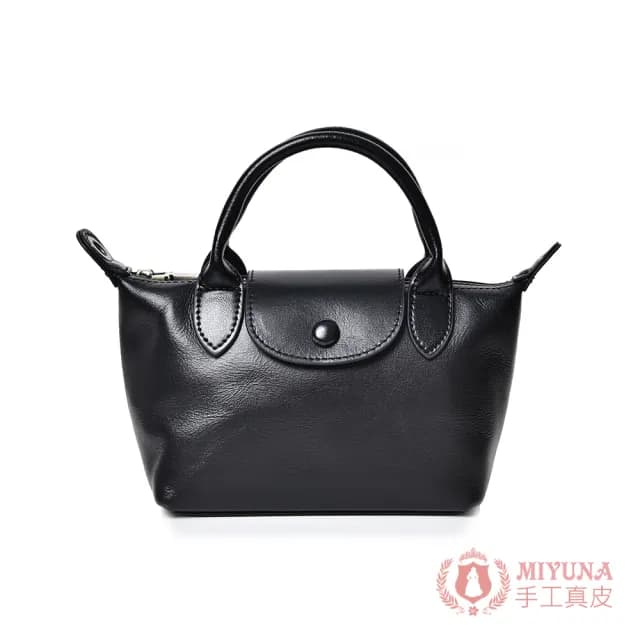 【MIYUNA 米友娜】母親節禮物 植鞣牛皮Nira精緻小巧水餃手機包斜背包(經典黑)