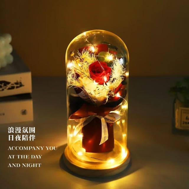 【浪漫氛圍】玻璃罩仿真玫瑰花束夜燈(永生花 氛圍燈 情人節 生日禮物 母親節)