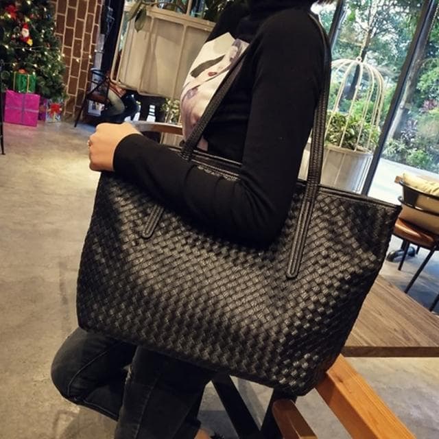 【LEESA】母親節禮物 編織包\大容量托特包\韓國包包\手工包包\編織托特包\購物包\黑色包包\通勤包\生日禮物