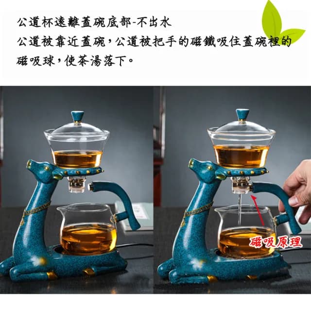 【沐森活】一鹿有你磁吸壺玻璃茶具套裝組(藍鹿精裝/半自動泡茶具)