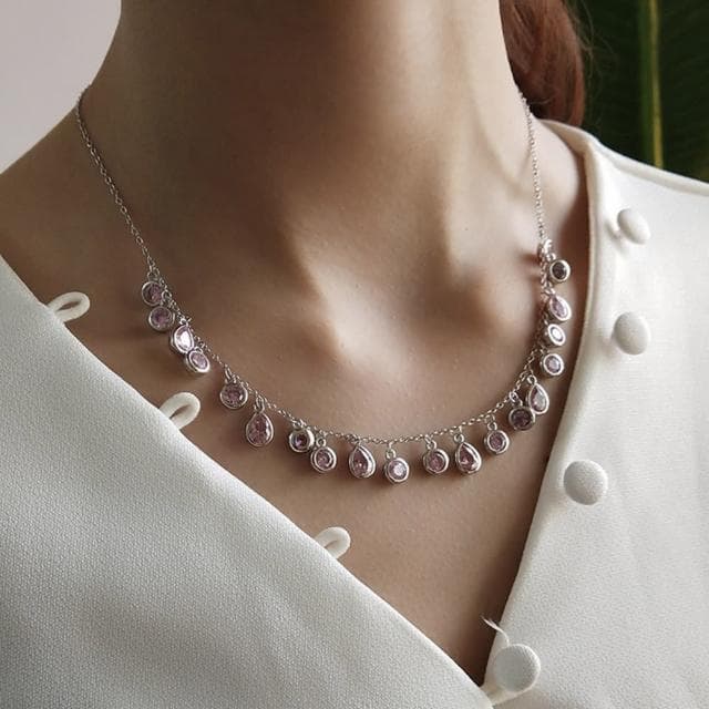 【MoonDy】母親節禮物 歐美飾品 純銀項鍊 水滴項鍊 鋯石項鍊 女生項鍊 長項鍊 粉色鋯石項鍊 鑽石項鍊 晚宴
