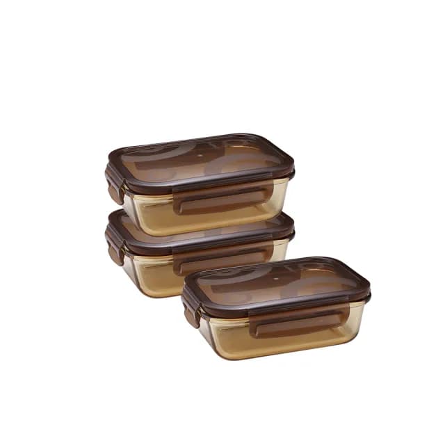 【CorelleBrands 康寧餐具】琥珀色長方形耐熱玻璃保鮮盒650ml三入組