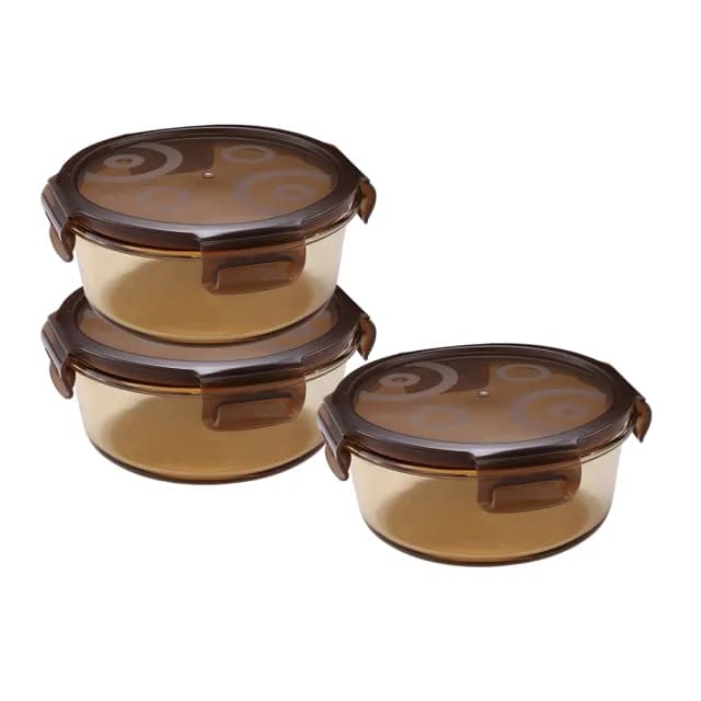 【CorelleBrands 康寧餐具】琥珀色圓形耐熱玻璃保鮮盒600ml三入組