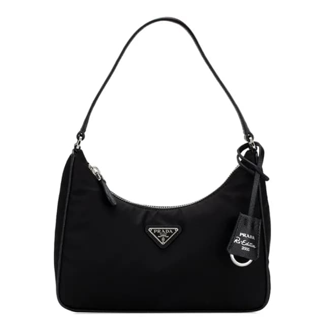 【PRADA 普拉達】1N204M 經典Re-Edition 2005尼龍皮革肩帶手拿/腋下肩背包(黑色)