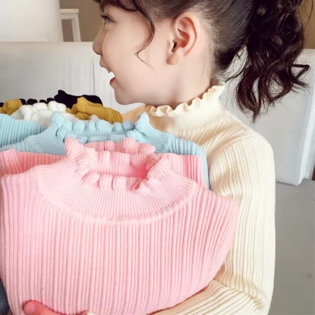 【橘魔法】捲捲花邊直條針織毛衣(長袖上衣 內搭衣 內搭衫 打底衫 大童 女童 童裝)