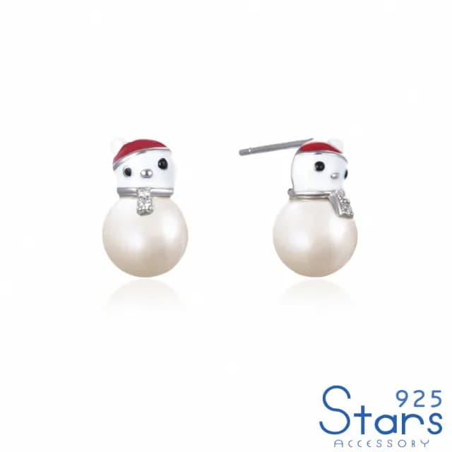 【925 STARS】純銀925可愛聖誕小雪人造型珍珠耳環(純銀925耳環 聖誕耳環 雪人耳環)