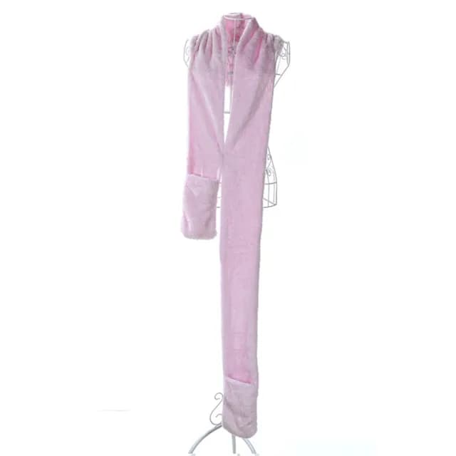 【89 zone】法式加厚毛絨連帽圍巾保暖帽子手套三件一體 圍脖 圍巾(米/卡其/黑)