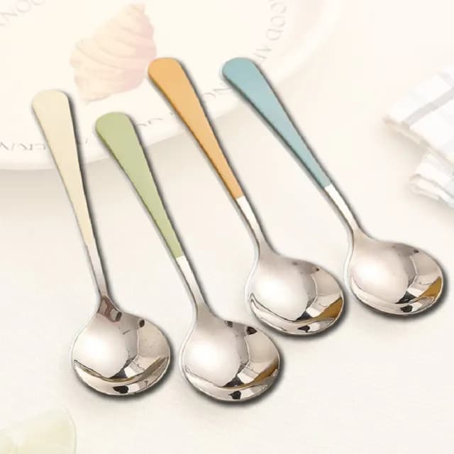 【可愛餐具】馬卡龍色304不鏽鋼湯匙-4入(鏡面拋光 環保 點心匙 甜點 飯匙 咖啡勺 攪拌勺 攪拌匙)