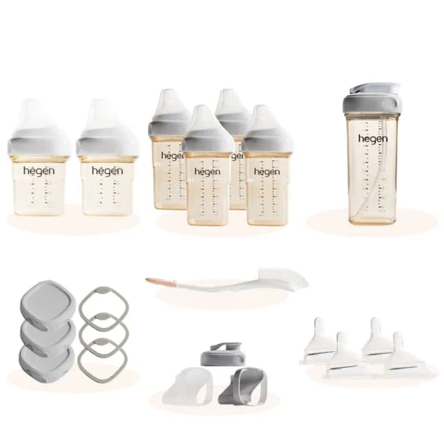 【hegen】新生必敗組-『吸管杯+寬口奶瓶+奶嘴+食物分格儲存組+儲存蓋+專用刷 共11件』(母嬰用品 新生禮)