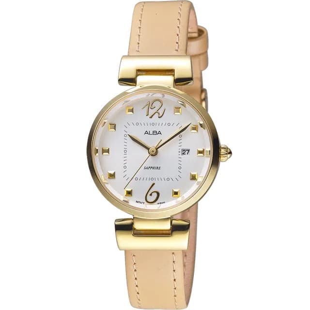 【ALBA】雅柏錶 優雅時尚 金色 皮帶錶 女錶  米色 禮物 藍寶石(VJ22-X281J)