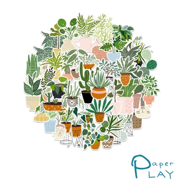 【Paper Play】創意多用途防水貼紙-植物盆栽塗鴉 44枚入(防水貼紙 行李箱貼紙 手機貼紙 水壺貼紙)