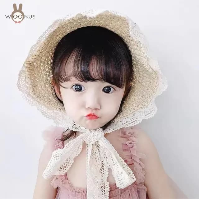 【WOONUE】女童可愛夏天蕾絲優雅草帽 無毒親膚透氣材質獨家設計版型(遮陽海邊出遊必備女兒禮物)