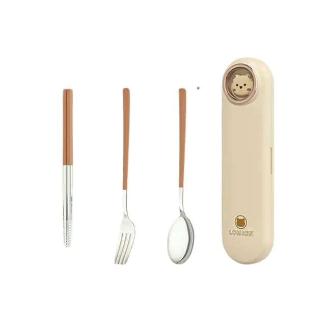 【瑞典廚房】環保餐具 便攜式餐具 可愛 熊 兔 叉子 筷子 湯匙 奶茶色(304不鏽鋼 三件組)