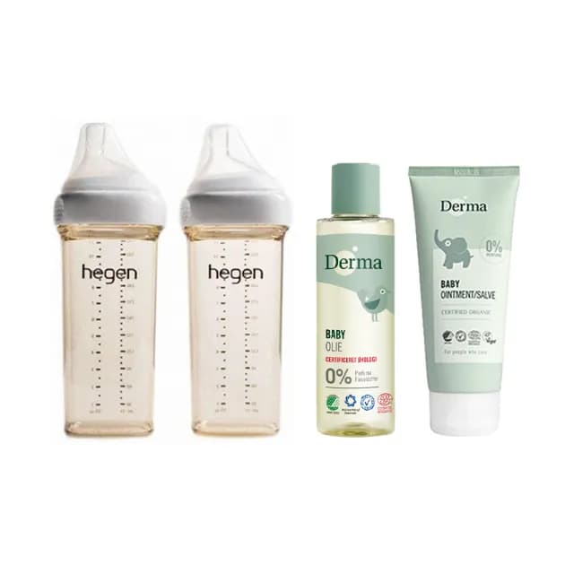 【hegen】+Derma 出生寶寶實用組330ml(奶瓶330雙瓶+浴油150ml+萬用膏100ml)