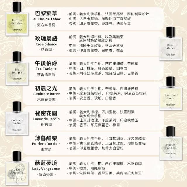 【Miller Harris】淡香精 50ml -多款任選(平行輸入.午後伯爵/玫瑰/初晨之光/巴黎菸草/祕密花園/蔚藍夢境)