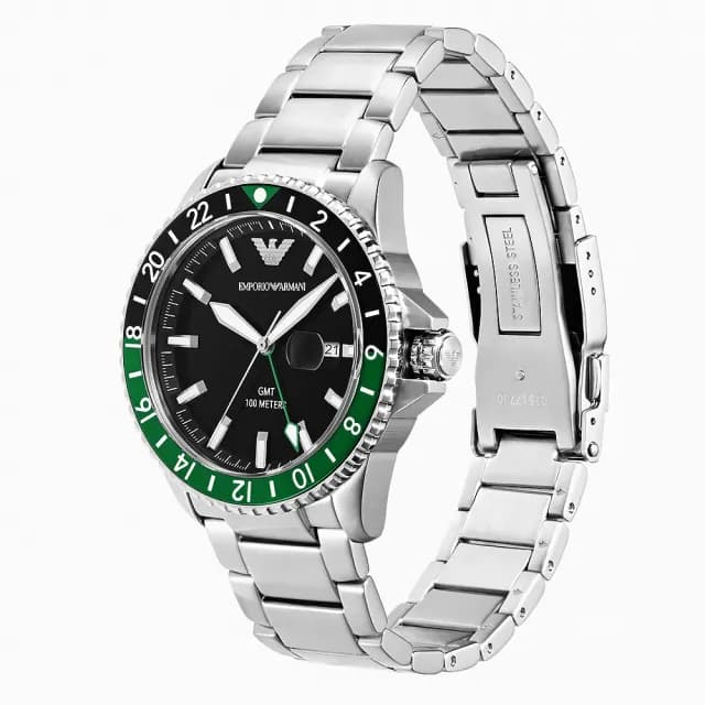 【EMPORIO ARMANI】亞曼尼 Diver 黑綠撞色GMT手錶-42mm 禮物 送禮 推薦(AR11589)