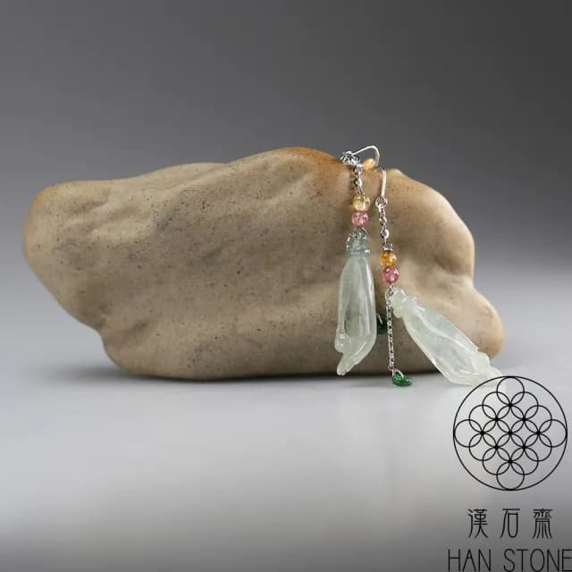 【漢石齋】情人節禮物 天然A貨 冰玻種翡翠 如意佛手K金耳環(28*8*4mm*2)