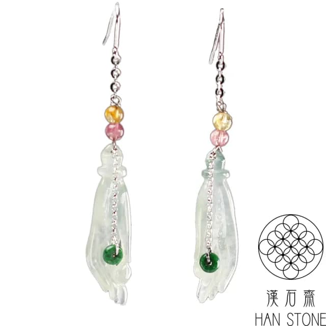 【漢石齋】情人節禮物 天然A貨 冰玻種翡翠 如意佛手K金耳環(28*8*4mm*2)
