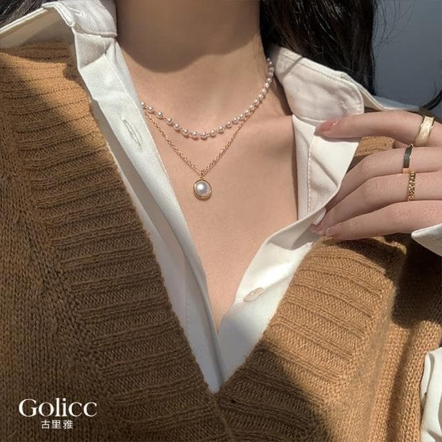 【Golicc】項鍊 雅典娜 雙層珍珠 鎖骨鍊(母親節 生日 情人節 鎖骨鍊 項鍊 飾品 禮物)
