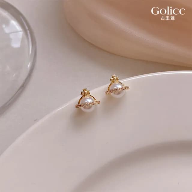 【Golicc】耳環 氣質微鑲 十字架 珍珠(七夕 情人節 生日 飾品 耳釘 耳飾 耳墜 禮物)